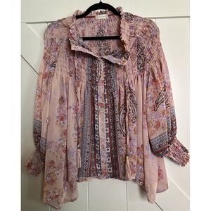 Altar'd State Mauve Floral Sheer Boho‎ Peasant  Smocked  Long Sleeve Ruffle Med